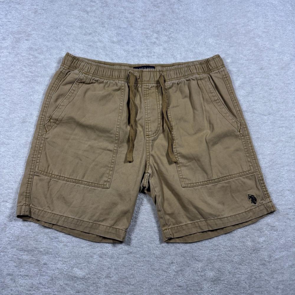 US Polo Assn Mens Tan Khaki Drawstring Elastic Waist Patch Pocket Shorts Large